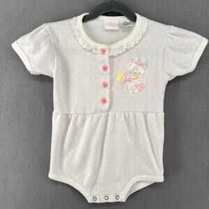 Vtg 80s 90s Honors Baby Playsuit Romper 24mo White Pink Bear Applique Cute Retro